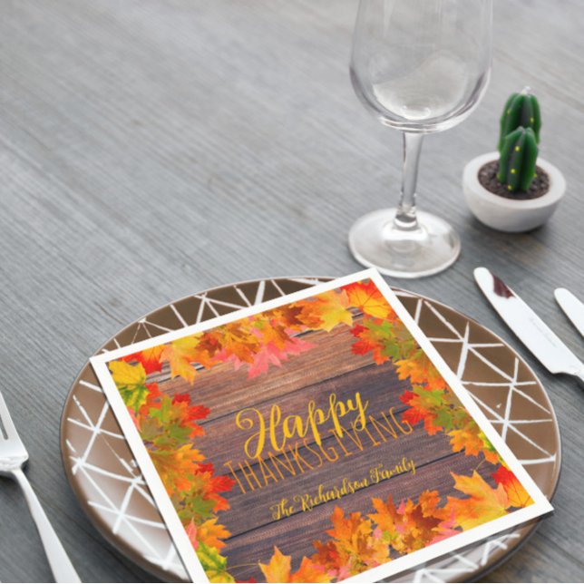 Fall Autumn Leaves On Barn Wood Happy Thanksgiving Napkin (Creator Uploaded)