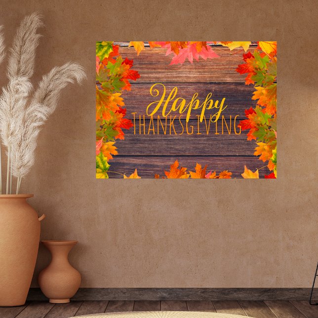 Fall Autumn Leaves On Barn Wood Happy Thanksgiving Poster (Creator Uploaded)