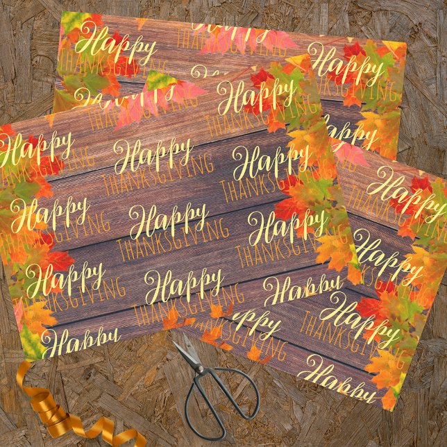 Fall Autumn Leaves On Barn Wood Happy Thanksgiving Wrapping Paper Sheet (Creator Uploaded)