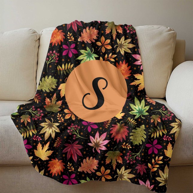 Fall Autumn Leaves Pattern on Black with Monogram Fleece Blanket (Fall Autumn Leaves Pattern on Black with Monogram Fleece Blanket)