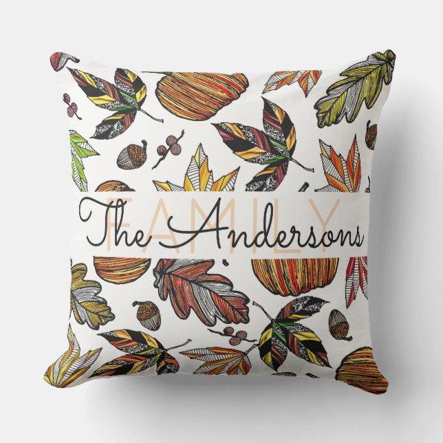 Fall Autumn Leaves Pumpkin Acorns Family Monogram Outdoor Cushion (Front)