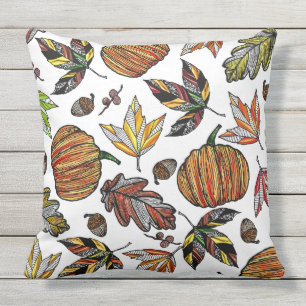 Fall Autumn Leaves Pumpkin and Acorns Illustration Cushion