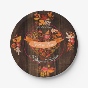Fall Autumn Leaves Pumpkin Wood Fall in Love Names Paper Plate