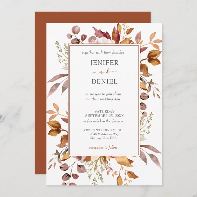 Fall Autumn Leaves Rustic Country Boho Wedding Invitation (Front/Back)