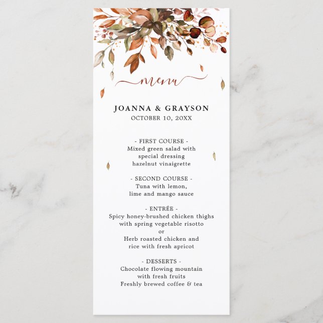 Fall Autumn Leaves Rustic Country Boho Wedding Men Menu (Front)