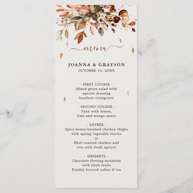 Fall Autumn Leaves Rustic Country Boho Wedding Menu (Front)