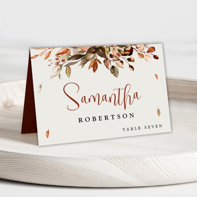 Fall Autumn Leaves Rustic Country Guest Name Table Number (Autumn Fall wedding place card with printable / customizable guest name and table number)