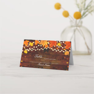 Fall Autumn Leaves & String Lights Wood Table Seat Place Card