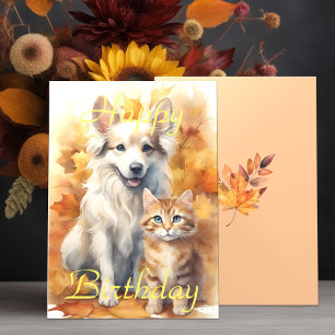 Fall Autumn Leaves White Collie Dog & Tabby Kitten Card