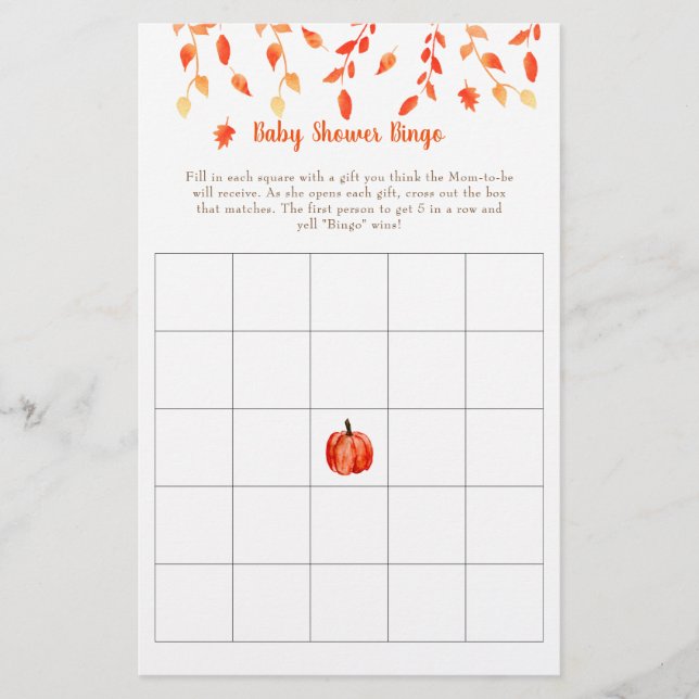 Fall Autumn Little Pumpkin Baby Shower Bingo Game Flyer (Front)
