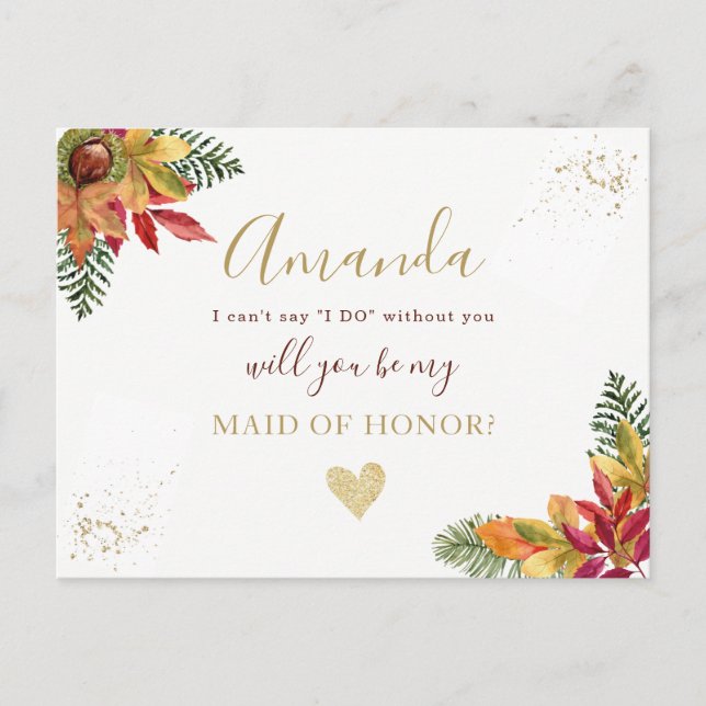 Fall Autumn Maid of Honour or BRIDESMAID proposal Invitation Postcard (Front)