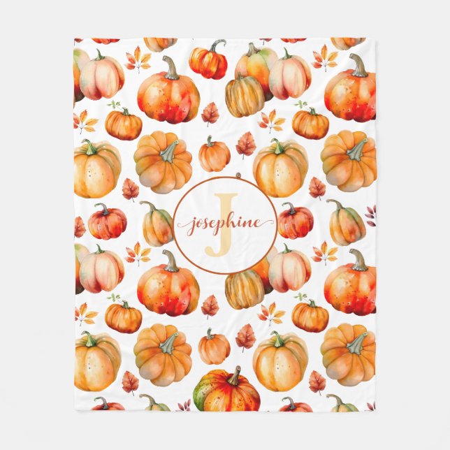 Fall Autumn Monogram Name Pumpkins Fleece Blanket (Front)
