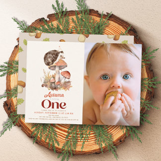 Fall/Autumn Mushroom Hedgehog 1st Birthday Photo Invitation
