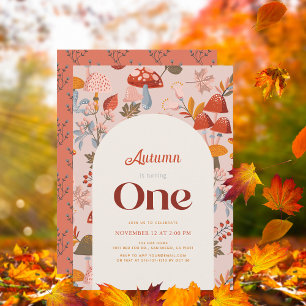 Fall/Autumn Mushroom Wildflower Pink 1st Birthday Invitation