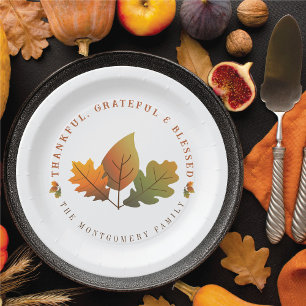 Fall Autumn Oak Leaves Grateful Thanksgiving Party Paper Plate