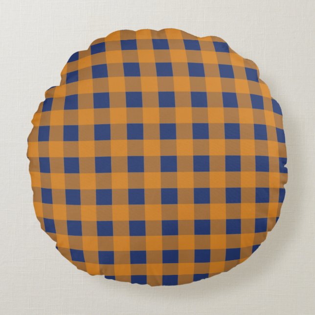 Fall Autumn Orange Blue Plaid Pattern  Round Cushion (Front)