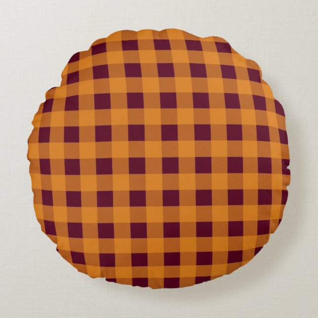 Fall Autumn Orange Burgundy Plaid Pattern  Round Cushion (Front)