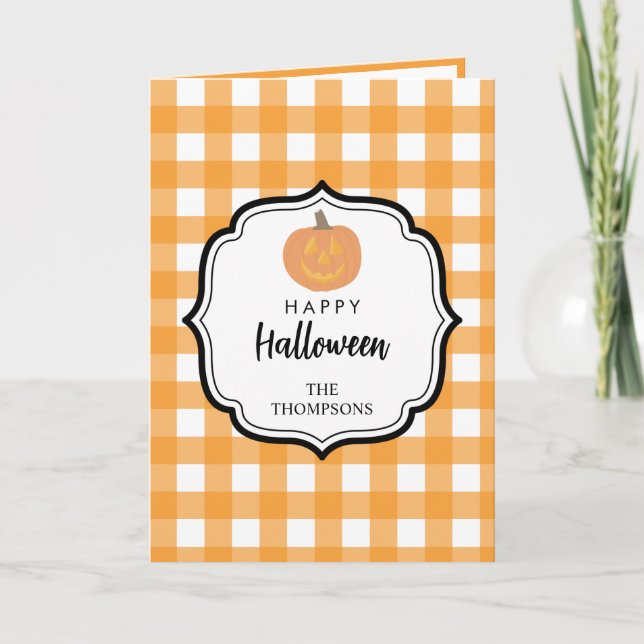 Fall Autumn Orange Plaid Halloween Pumpkin Thank You Card (Front)