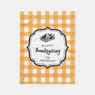Fall Autumn Orange Plaid Thanksgiving Turkey Fleece Blanket