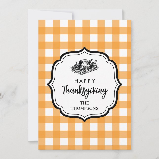 Fall Autumn Orange Plaid Thanksgiving Turkey Holiday Card (Front)