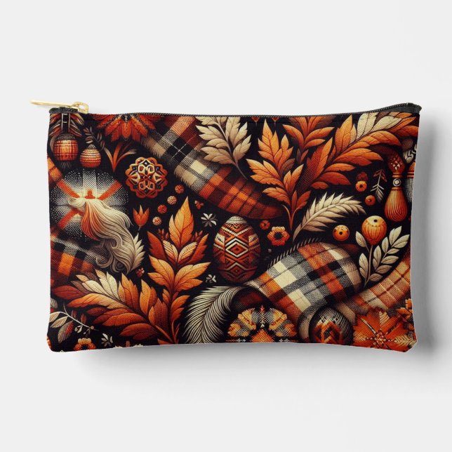 Fall Autumn Plaid Leaves Orange Black Beige Accessory Pouch (Front)