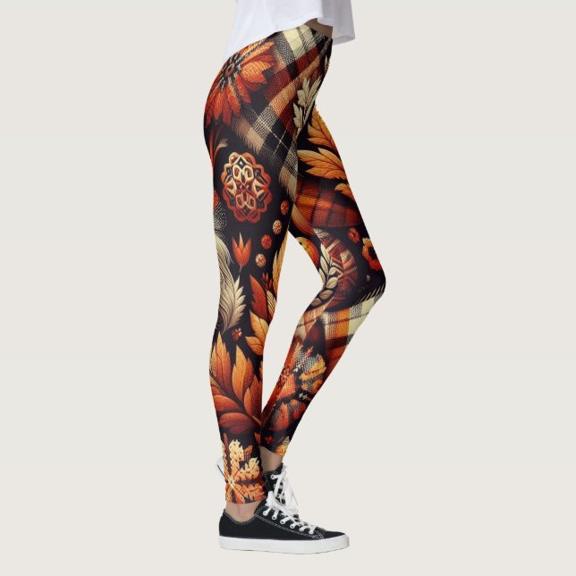 Fall Autumn Plaid Leaves Orange Black Beige Leggings (Right)