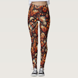 Fall Autumn Plaid Leaves Orange Black Beige Leggings