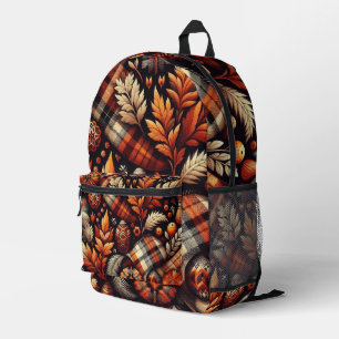 Fall Autumn Plaid Leaves Orange Black Beige Printed Backpack