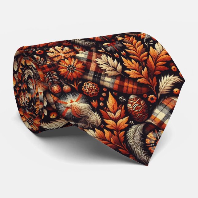 Fall Autumn Plaid Leaves Orange Black Beige Tie (Rolled)
