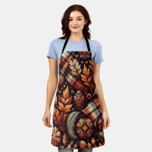 Fall Autumn Plaid Leaves Orange Black Pattern Apron