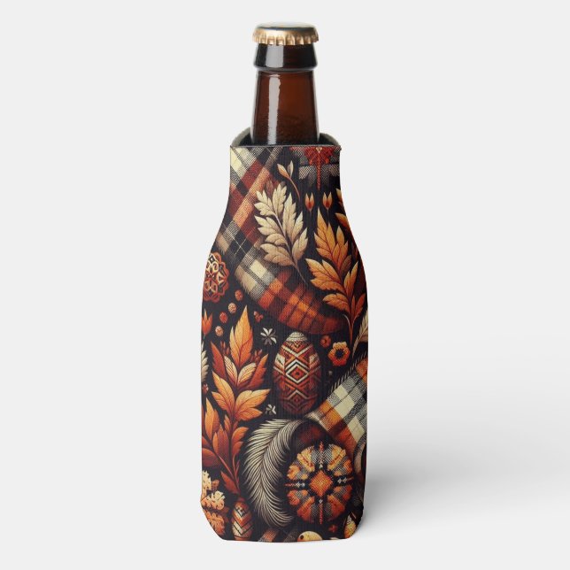 Fall Autumn Plaid Leaves Orange Black Pattern Bottle Cooler (Bottle Front)