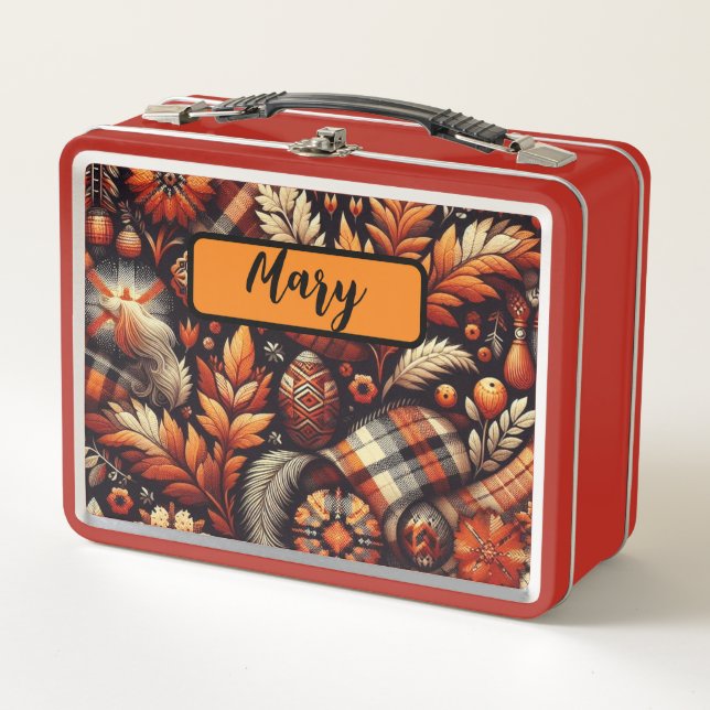 Fall Autumn Plaid Leaves Orange Black Pattern Metal Lunch Box (Front)