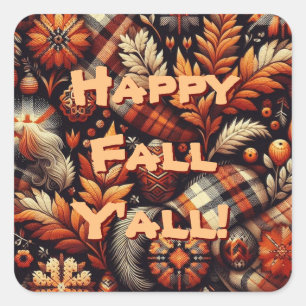 Fall Autumn Plaid Leaves Orange Black Pattern Square Sticker