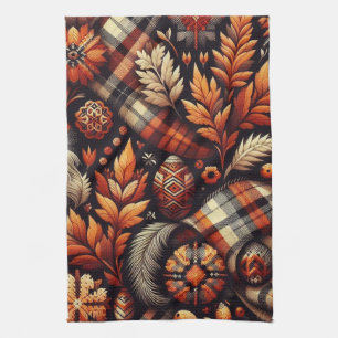 Fall Autumn Plaid Leaves Orange Black Pattern Tea Towel