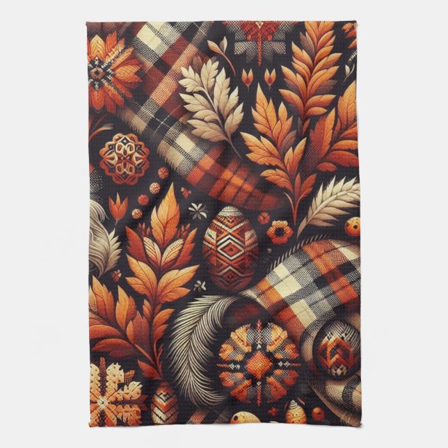 Fall Autumn Plaid Leaves Orange Black Pattern Tea Towel (Vertical)