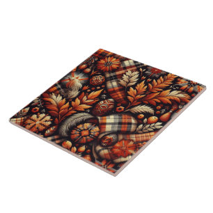 Fall Autumn Plaid Leaves Orange Black Pattern Tile
