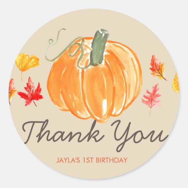 Fall autumn pumpkin birthday thank you sticker (Front)
