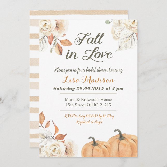 Fall Autumn Pumpkin Fall in Love Bridal Shower Invitation (Front/Back)