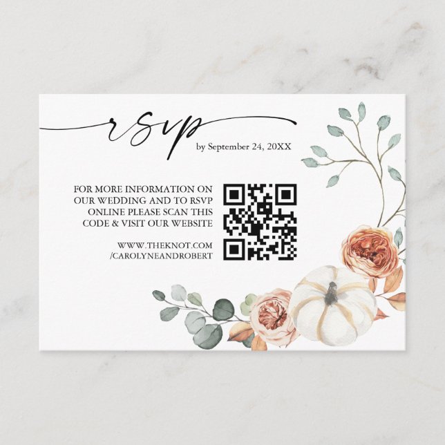 Fall Autumn Pumpkin Floral QR Code Wedding RSVP Enclosure Card (Front)