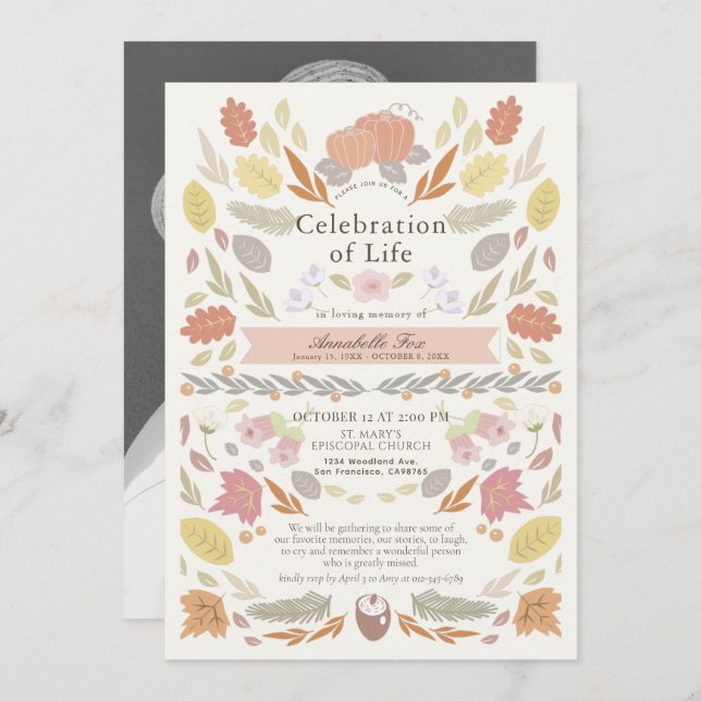 Fall Autumn Pumpkin Foliage Funeral Memorial Invitation (Front/Back)