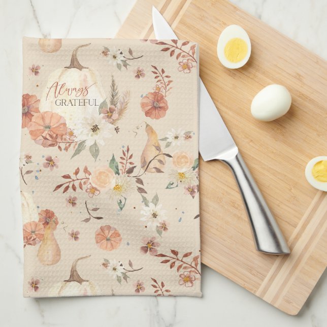 Fall Autumn Pumpkin Leaves BOHO Floral Grateful Tea Towel (Quarter Fold)