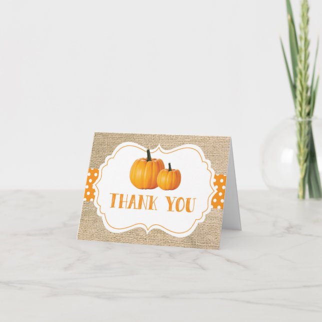 Fall Autumn Pumpkin Orange Burlap Thank You Card (Front)