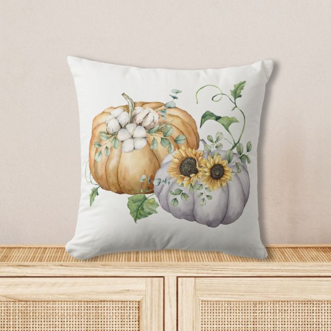 Fall Autumn Pumpkin Sunflower and Cotton Flowers Cushion (In situ)