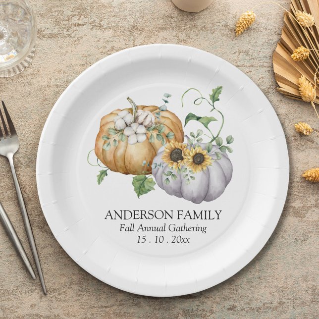 Fall Autumn Pumpkin Sunflower and Cotton Flowers Paper Plate (In situ)