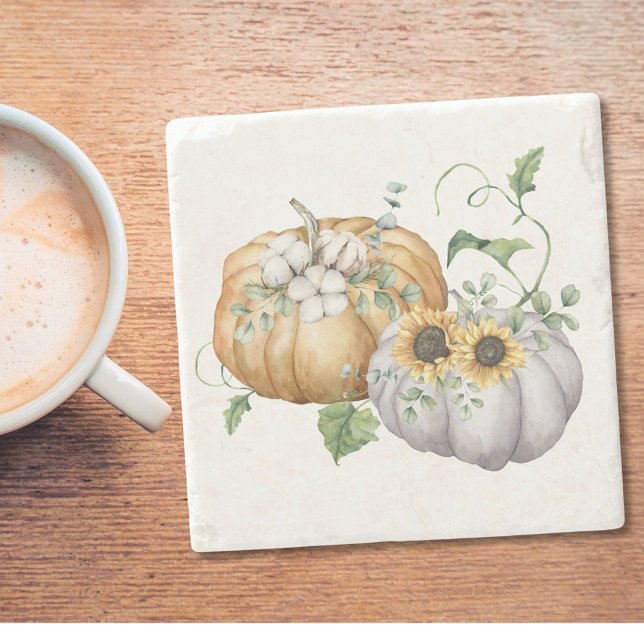 Fall Autumn Pumpkin Sunflower and Cotton Flowers Stone Coaster (In situ)