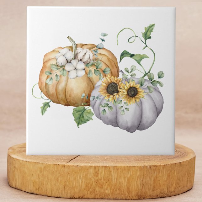 Fall Autumn Pumpkin Sunflower and Cotton Flowers Tile (In situ)