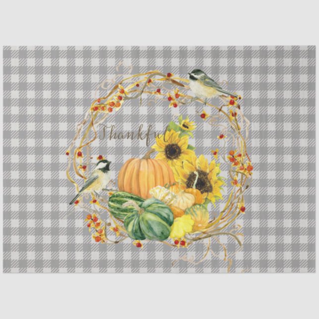 Fall Autumn Pumpkin Sunflower Thankful Chickadee Tissue Paper (Front)