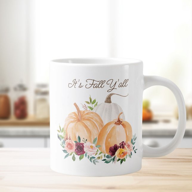  Fall Autumn Pumpkins and Flowers Large Coffee Mug (In situ Kitchen table)