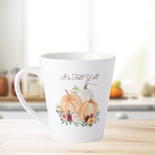 Fall Autumn Pumpkins and Flowers Latte Mug (In situ Kitchen table)