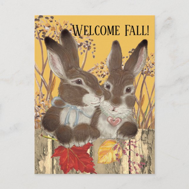 Fall Autumn Rabbit Bunny Leaves Whimsical Painting Holiday Postcard (Front)